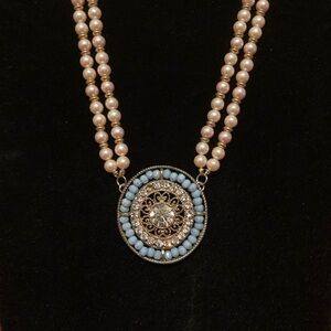 Vintage-Inspired Faux Pearl & Blue Crystal Statement Necklace